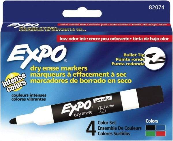 Expo - Black, Blue, Green & Red Low Odor Bullet Tip 4 Pack Dry Erase Markers - For Use with Dry Erase Marker Boards - Americas Industrial Supply