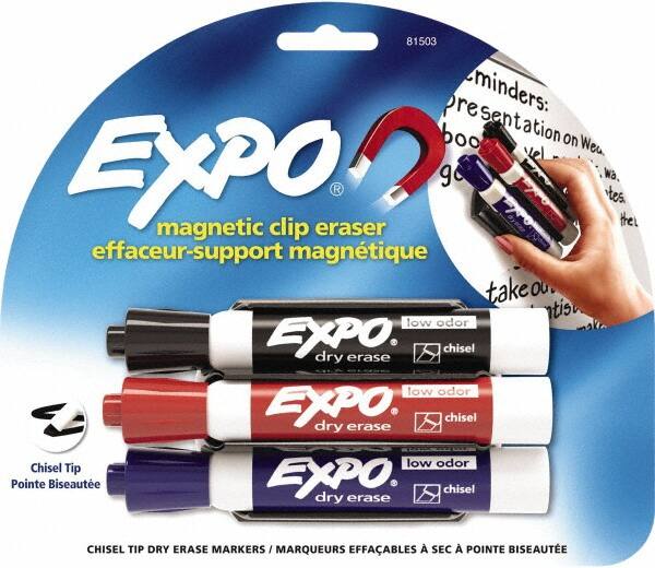 Expo - Chisel Tip 3 Pack with Dry Eraser - Includes Black, Red & Purple & Eraser, For Use with Dry Erase Marker Boards - Americas Industrial Supply