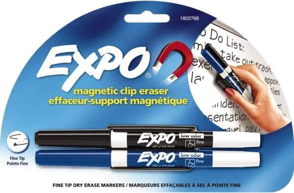 Expo - Fine Tip 2 Pack with Dry Eraser - Includes Blue, Black & Eraser, For Use with Dry Erase Marker Boards - Americas Industrial Supply