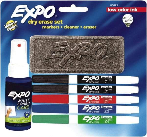 Expo - Red, Blue, Green & 2 Black Low Odor Fine Tip 5 Pack Dry Erase Markers - Includes 3 oz Cleaning Fluid & Eraser, For Use with Dry Erase Marker Boards - Americas Industrial Supply