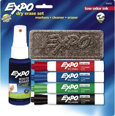 Expo - Red, Blue, Green & Black Low Odor 4 Pack Chisel Tip Dry Erase Markers - Includes Eraser & 3 oz Cleaning Fluid, For Use with Dry Erase Marker Boards - Americas Industrial Supply