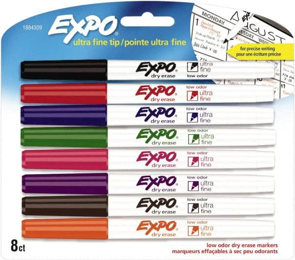 Expo - Black, Blue, Brown, Green, Orange, Pink, Purple & Red Low Odor Ultra Fine Tip 8 Pack Dry Erase Markers - For Use with Dry Erase Marker Boards - Americas Industrial Supply