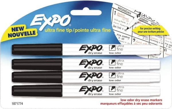 Expo - Black Low Odor Ultra Fine Tip 4 Pack Dry Erase Markers - For Use with Dry Erase Marker Boards - Americas Industrial Supply