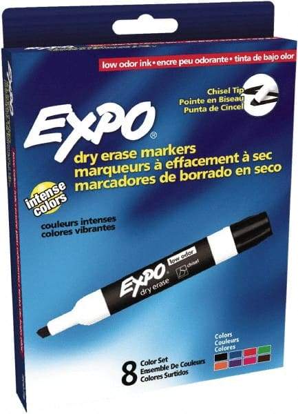 Expo - Black, Blue, Brown, Green, Orange, Pink, Purple & Red Low Odor Chisel Tip 8 Pack Dry Erase Markers - For Use with Dry Erase Marker Boards - Americas Industrial Supply