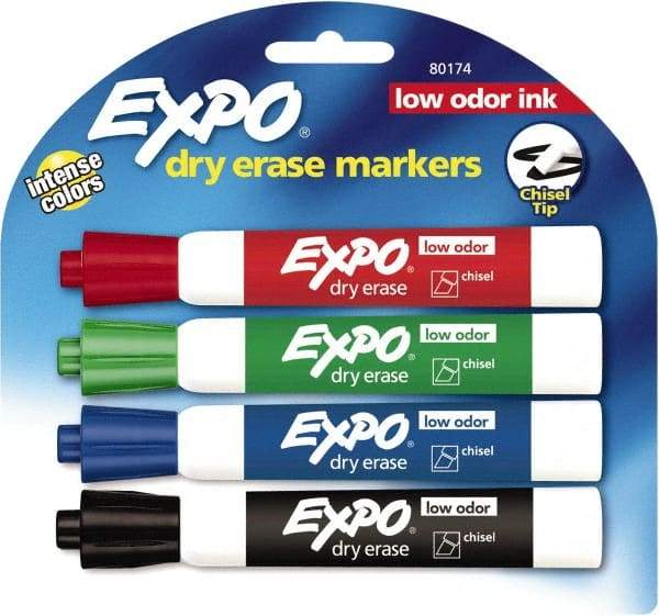 Expo - Black, Blue, Green & Red Low Odor Chisel Tip 4 Pack Dry Erase Markers - For Use with Dry Erase Marker Boards - Americas Industrial Supply