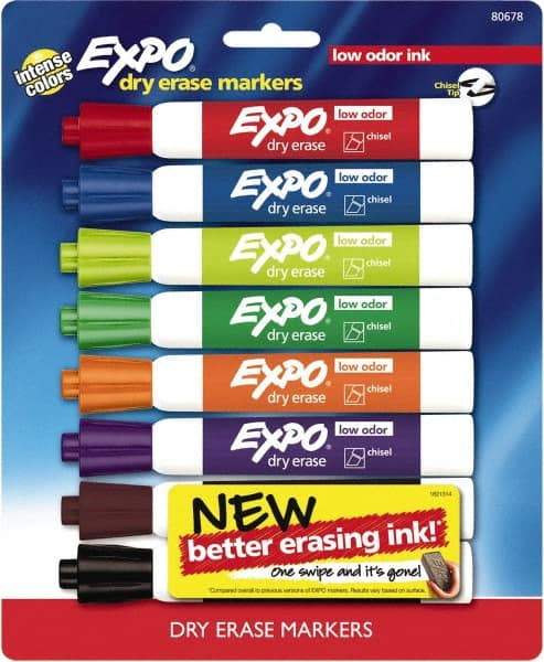 Expo - Black, Blue, Brown, Green, Orange, Pink, Purple & Red Low Odor Chisel Tip 8 Pack Dry Erase Markers - For Use with Dry Erase Marker Boards - Americas Industrial Supply