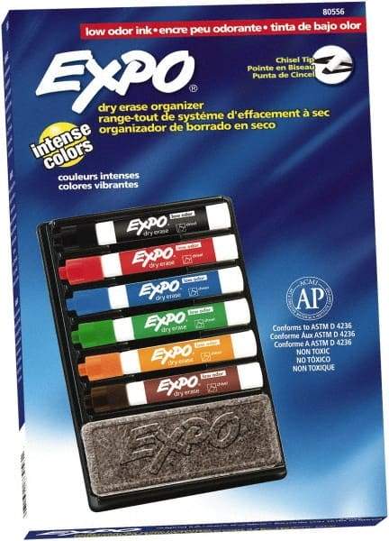 Expo - Black, Blue, Brown, Green, Orange, & Red Low Odor Chisel Tip Markers 6 Pack Dry Erase Markers - Includes Eraser & Organizer, For Use with Dry Erase Marker Boards - Americas Industrial Supply