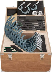 Mitutoyo - 0 to 12" Range, 23 Piece Mechanical Outside Micrometer Set - 0.0001" Graduation, 0.00010, 0.00015, 0.00020, 0.00025" Accuracy, Ratchet-Friction Thimble, Carbide Face - Americas Industrial Supply