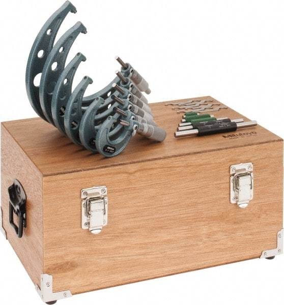 Mitutoyo - 0 to 6 " Range, 11 Piece Mechanical Outside Micrometer Set - 0.0001" Graduation, 0.00010, 0.00015" Accuracy, Ratchet-Friction Thimble, Carbide Face - Americas Industrial Supply