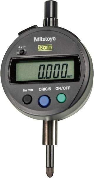 Mitutoyo - 0 to 12.7mm Range, 0.00005" Graduation, Electronic Drop Indicator - Flat Back, Accurate to 0.0001", English & Metric System, LCD Display - Americas Industrial Supply