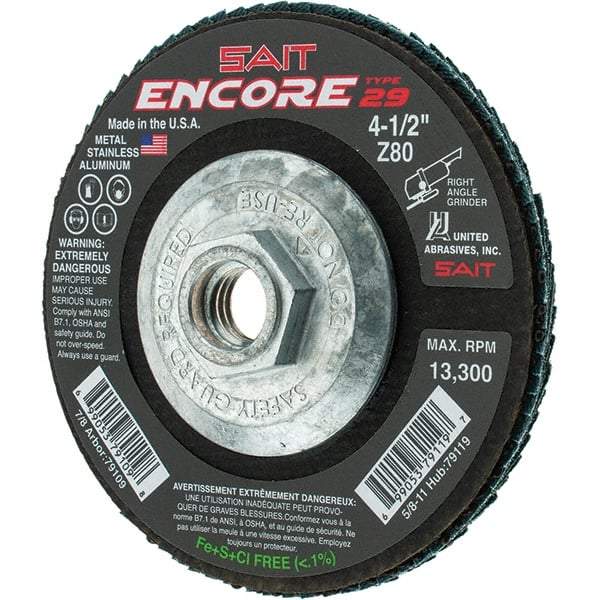 Sait - 80 Grit, 4-1/2" Disc Diam, 5/8-11 Center Hole, Type 29 Zirconia Alumina Flap Disc - 13,300 Max RPM, Fiberglass Backing, Arbor Attaching System, Coated - Americas Industrial Supply