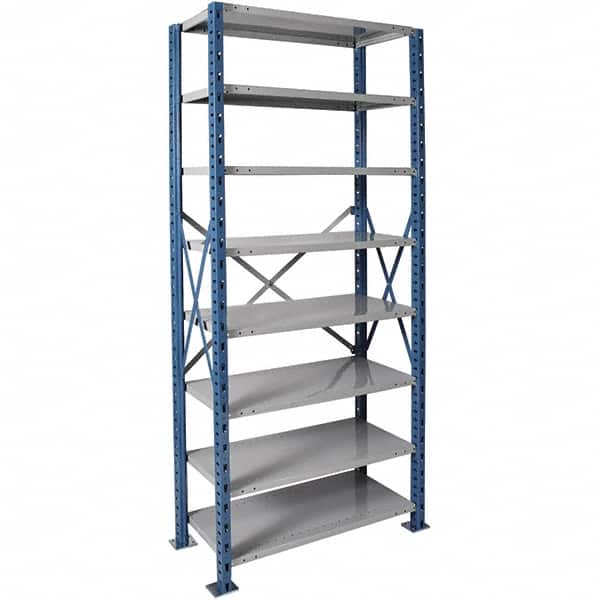 Hallowell - 8 Shelf Starter Heavy-Duty Open Steel Shelving - 800 Lb Capacity, 36" Wide x 87" High x 18" Deep, Blue/Platinum - Americas Industrial Supply