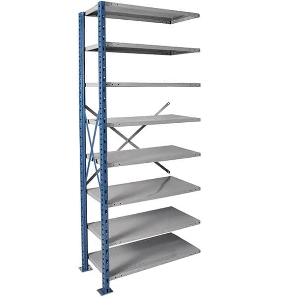Hallowell - 8 Shelf Add-On Extra Heavy-Duty Open Steel Shelving - 1 Lb Capacity, 36" Wide x 123" High x 18" Deep, Blue/Platinum - Americas Industrial Supply