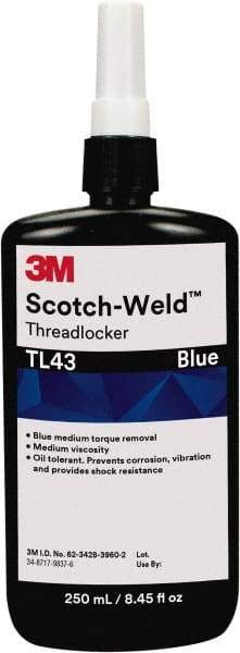 3M - 250 mL, Blue, Medium Strength Liquid Threadlocker - 24 hr Full Cure Time - Americas Industrial Supply