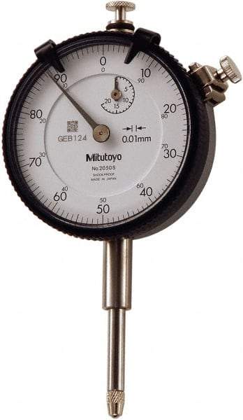 Mitutoyo - 20mm Range, 0-100 Dial Reading, 0.01mm Graduation Dial Drop Indicator - 57mm Dial, 1mm Range per Revolution, 0.004mm Accuracy, Revolution Counter - Americas Industrial Supply