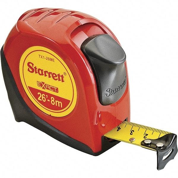 Starrett - 26' x 1" Yellow Blade Tape Measure - 1/16" & 1mm Graduation, S9 Graduation Style, Red Case - Americas Industrial Supply