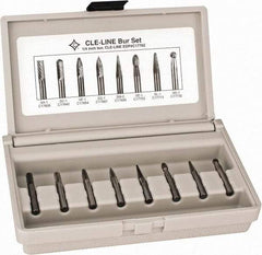 Cle-Line - 8 Piece, 1/4" Shank Burr Set - Solid Carbide, Multiple Head Shapes - Americas Industrial Supply