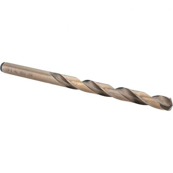 Chicago-Latrobe - Letter E (1/4) 135° Cobalt Jobber Drill - Gold Finish Finish, Right Hand Cut, Spiral Flute, Straight Shank, 101.6mm OAL, Split Point - Americas Industrial Supply