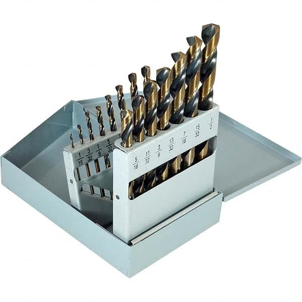 Cle-Force - 1/16 to 1/2", 135° Point, Oxide/Gold Finish, High Speed Steel Jobber Length Drill Bit Set - Americas Industrial Supply