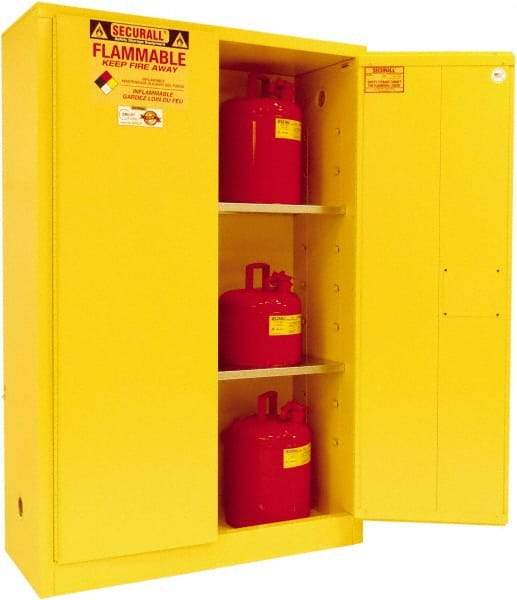 Securall Cabinets - 2 Door, 2 Shelf, Yellow Steel Standard Safety Cabinet for Flammable and Combustible Liquids - 65" High x 43" Wide x 18" Deep, Manual Closing Door, 3 Point Key Lock, 45 Gal Capacity - Americas Industrial Supply