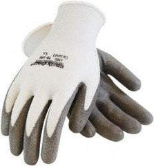 PRO-SAFE - Size XS (6), ANSI Cut Lvl A2, Puncture Lvl 1, Abrasion Lvl 4, Polyurethane Coated HPPE Fiber Cut Resistant Gloves - 9" Long, Palm & Fingers Coated, HPPE Fiber Lining, Continuous Cuff, Gray/White, Paired - Americas Industrial Supply