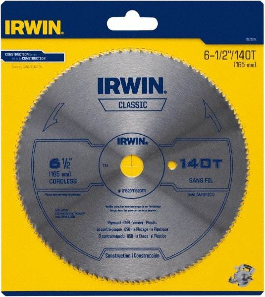 Irwin - 6-1/2" Diam, 5/8" Arbor Hole Diam, 140 Tooth Wet & Dry Cut Saw Blade - High Carbon Steel, Smooth Action, Standard Round Arbor - Americas Industrial Supply