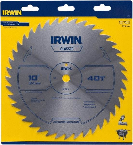 Irwin Blades - 10" Diam, 5/8" Arbor Hole Diam, 40 Tooth Wet & Dry Cut Saw Blade - High Carbon Steel, Smooth Action, Standard Round Arbor - Americas Industrial Supply