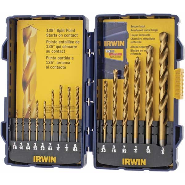 Irwin - 1/16 to 3/8", 135° Point, TiN Finish, High Speed Steel Jobber Length Drill Bit Set - Exact Industrial Supply