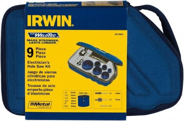 Irwin Blades - 9 Piece, 7/8" to 2-1/2" Saw Diam, Electrician's Hole Saw Kit - Bi-Metal, Toothed Edge, Pilot Drill Model No. 373000, Includes 6 Hole Saws - Americas Industrial Supply