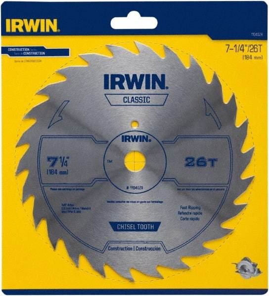 Irwin Blades - 7-1/4" Diam, 5/8" Arbor Hole Diam, 26 Tooth Wet & Dry Cut Saw Blade - High Carbon Steel, Smooth Action, Diamond Arbor - Americas Industrial Supply