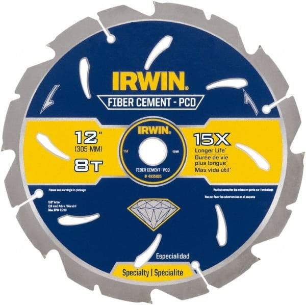 Irwin Blades - 12" Diam, 1" Arbor Hole Diam, 8 Tooth Wet & Dry Cut Saw Blade - Diamond-Tipped, Smooth Action, Standard Round Arbor - Americas Industrial Supply