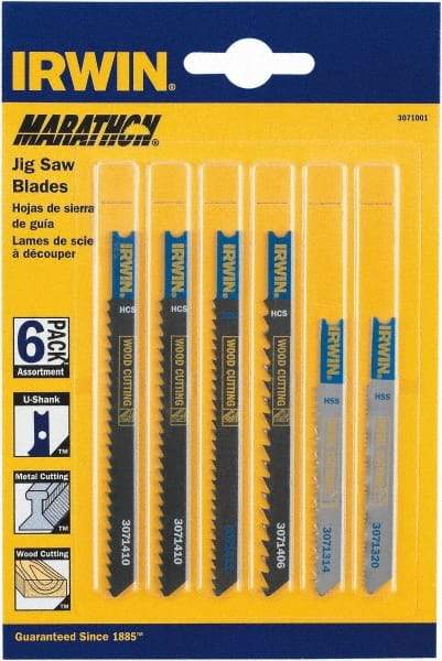 Irwin Blades - 6 Piece, 3-1/4" to 4" Long, 6 to 20 Teeth per Inch, Bi-Metal and Carbon Jig Saw Blade Set - Toothed Edge, U-Shank - Americas Industrial Supply