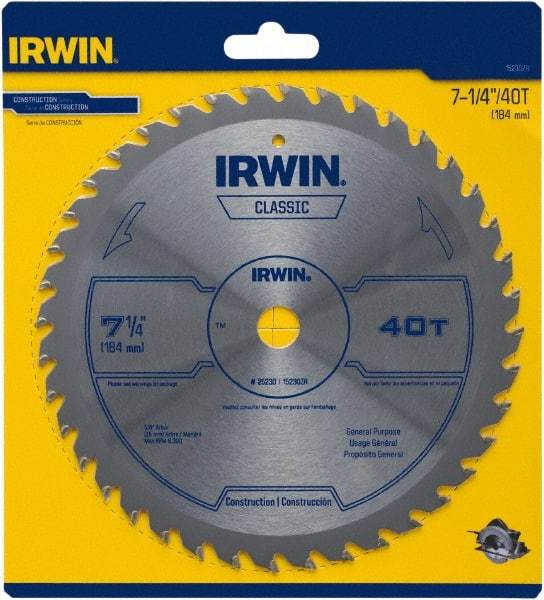 Irwin Blades - 7-1/4" Diam, 5/8" Arbor Hole Diam, 40 Tooth Wet & Dry Cut Saw Blade - Carbide-Tipped, Smooth Action, Diamond Arbor - Americas Industrial Supply