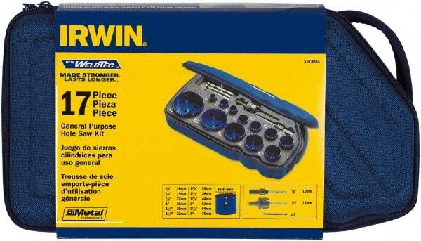 Irwin - 17 Piece, 5/8" to 3" Saw Diam, General Purpose Hole Saw Kit - Bi-Metal, Toothed Edge, Pilot Drill Model No. 373000, Includes 12 Hole Saws - Americas Industrial Supply