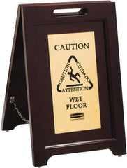 Rubbermaid - Attention/, Caution/, Cuidado/, Wet Floor, 15-1/8" Wide x 22" High, Wood Floor Sign - English/French/Spanish, A-Frame, Black on Gold, For Accident Prevention - Americas Industrial Supply