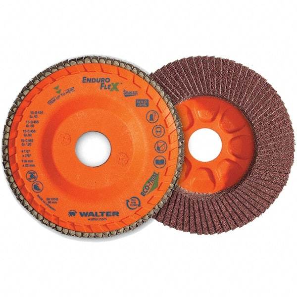WALTER Surface Technologies - 60 Grit, 5" Disc Diam, 7/8" Center Hole, Type 28 Ceramic Flap Disc - 12,200 Max RPM, Plastic Backing, Arbor Attaching System, Coated - Americas Industrial Supply