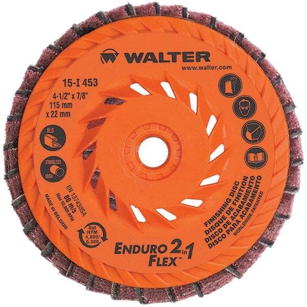 WALTER Surface Technologies - 4-1/2" Disc Diam, 5/8-11 Center Hole, Type 28 Ceramic Flap Disc - 13,300 Max RPM, Plastic Backing, Arbor Attaching System, Coated & Non-Woven Combo - Americas Industrial Supply
