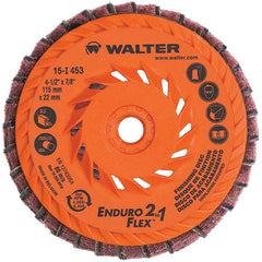 WALTER Surface Technologies - 4-1/2" Disc Diam, 5/8-11 Center Hole, Type 28 Ceramic Flap Disc - 13,300 Max RPM, Plastic Backing, Arbor Attaching System, Coated & Non-Woven Combo - Americas Industrial Supply