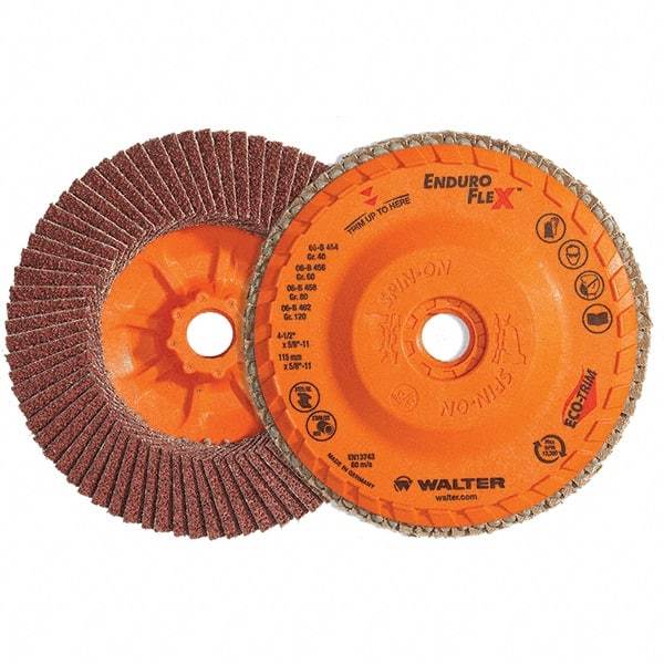 WALTER Surface Technologies - 120 Grit, 6" Disc Diam, 5/8-11 Center Hole, Type 28 Ceramic Flap Disc - 10,200 Max RPM, Plastic Backing, Arbor Attaching System, Coated - Americas Industrial Supply