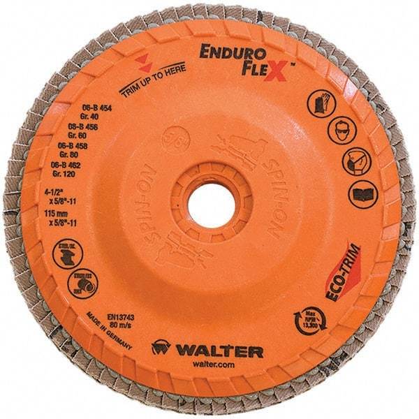 WALTER Surface Technologies - 80 Grit, 4-1/2" Disc Diam, 5/8-11 Center Hole, Type 28 Ceramic Flap Disc - 13,300 Max RPM, Plastic Backing, Arbor Attaching System, Coated - Americas Industrial Supply