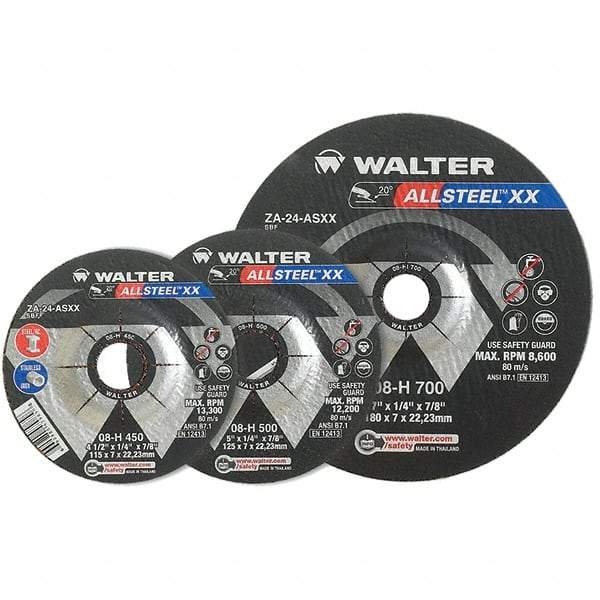 WALTER Surface Technologies - 24 Grit, 9" Wheel Diam, 1/4" Wheel Thickness, 7/8" Arbor Hole, Type 27 Depressed Center Wheel - Aluminum Oxide, Resinoid Bond, 6,600 Max RPM - Americas Industrial Supply