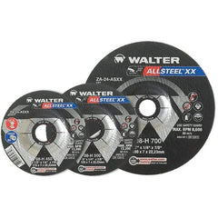WALTER Surface Technologies - 24 Grit, 9" Wheel Diam, 1/4" Wheel Thickness, 7/8" Arbor Hole, Type 27 Depressed Center Wheel - Aluminum Oxide, Resinoid Bond, 6,600 Max RPM - Americas Industrial Supply