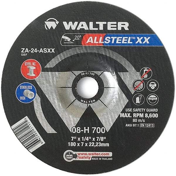 WALTER Surface Technologies - 24 Grit, 7" Wheel Diam, 1/4" Wheel Thickness, 7/8" Arbor Hole, Type 27 Depressed Center Wheel - Aluminum Oxide, Resinoid Bond, 8,600 Max RPM - Americas Industrial Supply