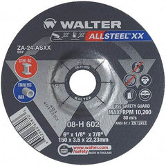 WALTER Surface Technologies - 24 Grit, 6" Wheel Diam, 1/8" Wheel Thickness, 7/8" Arbor Hole, Type 27 Depressed Center Wheel - Aluminum Oxide, Resinoid Bond, 10,200 Max RPM - Americas Industrial Supply
