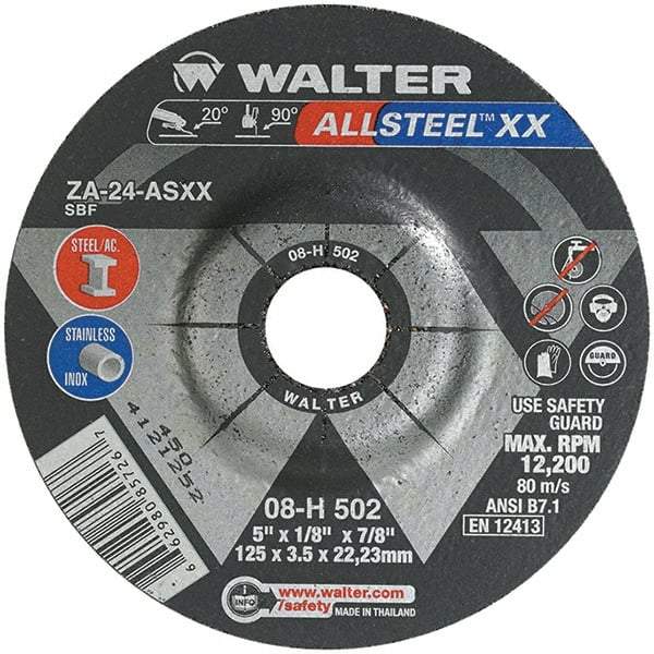 WALTER Surface Technologies - 24 Grit, 5" Wheel Diam, 1/8" Wheel Thickness, 7/8" Arbor Hole, Type 27 Depressed Center Wheel - Aluminum Oxide, Resinoid Bond, 12,200 Max RPM - Americas Industrial Supply