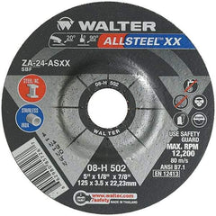 WALTER Surface Technologies - 24 Grit, 5" Wheel Diam, 1/8" Wheel Thickness, 7/8" Arbor Hole, Type 27 Depressed Center Wheel - Aluminum Oxide, Resinoid Bond, 12,200 Max RPM - Americas Industrial Supply