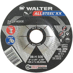WALTER Surface Technologies - 24 Grit, 5" Wheel Diam, 1/4" Wheel Thickness, 7/8" Arbor Hole, Type 27 Depressed Center Wheel - Aluminum Oxide, Resinoid Bond, 12,200 Max RPM - Americas Industrial Supply