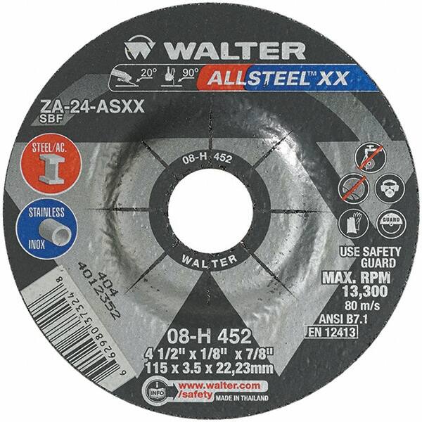 WALTER Surface Technologies - 24 Grit, 4-1/2" Wheel Diam, 1/8" Wheel Thickness, 7/8" Arbor Hole, Type 27 Depressed Center Wheel - Aluminum Oxide, Resinoid Bond, 13,300 Max RPM - Americas Industrial Supply