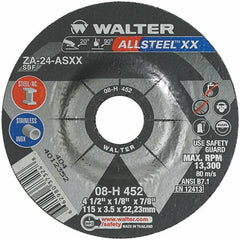 WALTER Surface Technologies - 24 Grit, 4-1/2" Wheel Diam, 1/8" Wheel Thickness, 7/8" Arbor Hole, Type 27 Depressed Center Wheel - Aluminum Oxide, Resinoid Bond, 13,300 Max RPM - Americas Industrial Supply