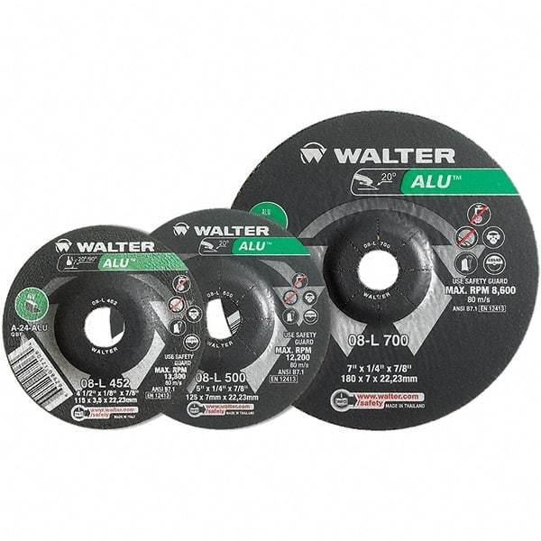 WALTER Surface Technologies - 24 Grit, 9" Wheel Diam, 1/4" Wheel Thickness, Type 27 Depressed Center Wheel - Aluminum Oxide, Resinoid Bond, 6,600 Max RPM - Americas Industrial Supply